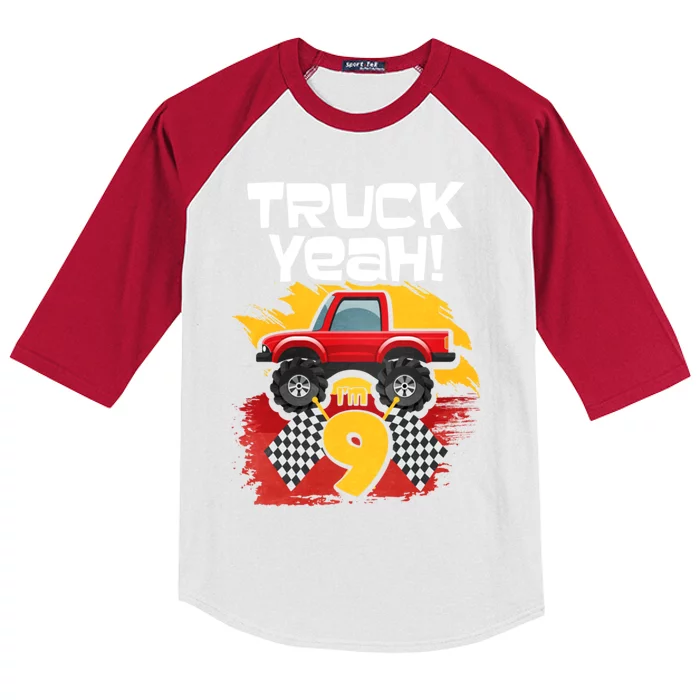 Truck Yeah Im 9 Gift Kids Colorblock Raglan Jersey