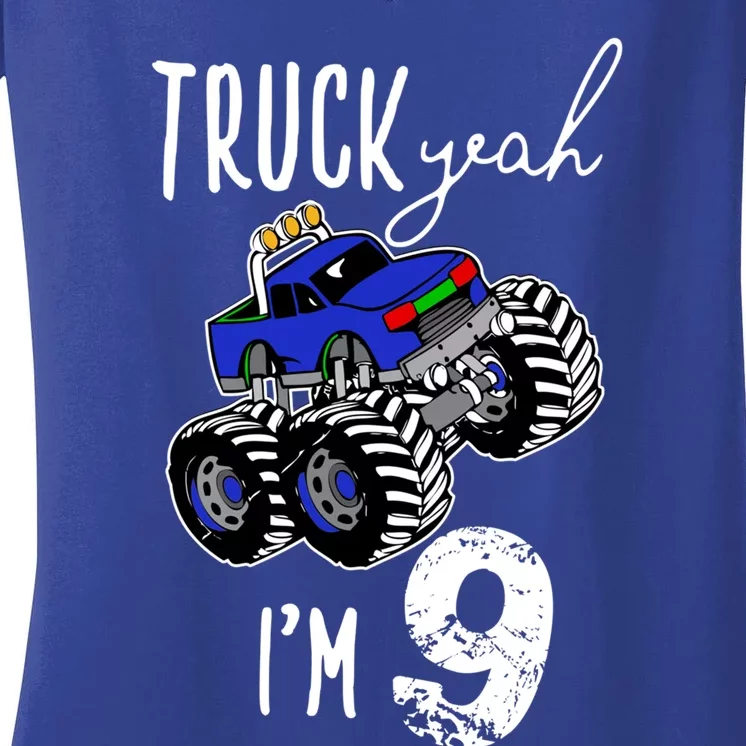 Truck Yeah Im 9 Monster Truck Birthday Car 9th Ninth Gift Women's V-Neck T-Shirt