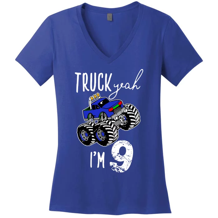 Truck Yeah Im 9 Monster Truck Birthday Car 9th Ninth Gift Women's V-Neck T-Shirt