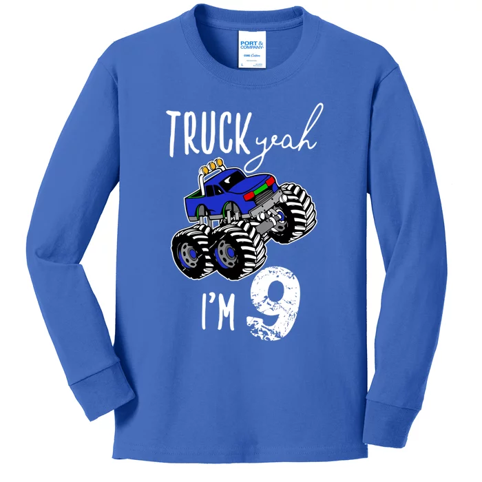 Truck Yeah Im 9 Monster Truck Birthday Car 9th Ninth Gift Kids Long Sleeve Shirt