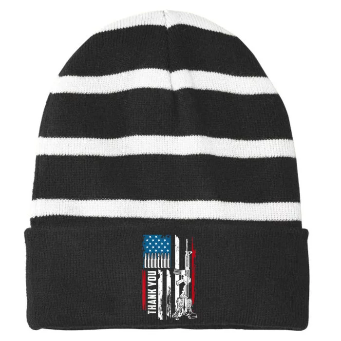 Thank You Patriotic Men Memorial Day 4th Of July US Flag Striped Beanie with Solid Band