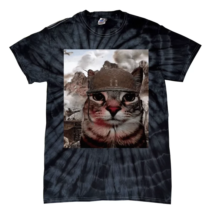 Thousand Yard Stare Funny Soldier Cat Meme In Battlefield Tie-Dye T-Shirt