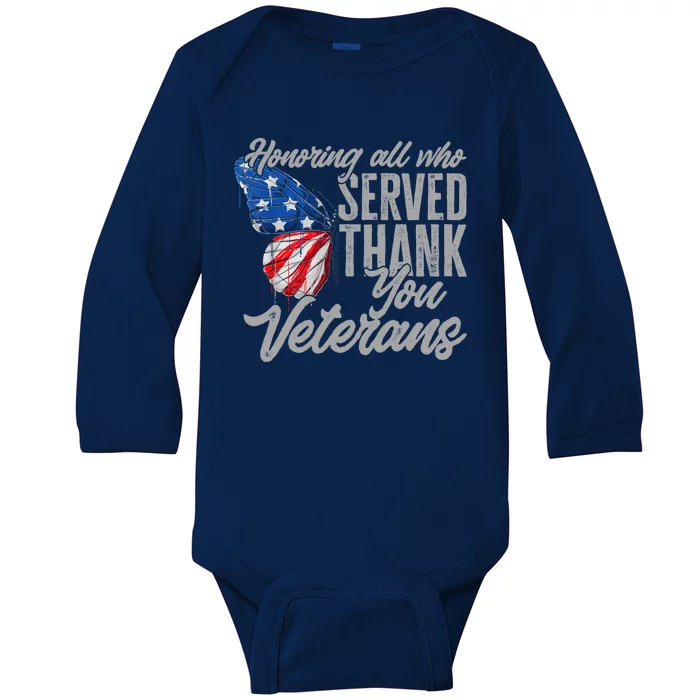 Thank You Veterans Day Honoring All Who Served Butterfly Baby Long Sleeve Bodysuit