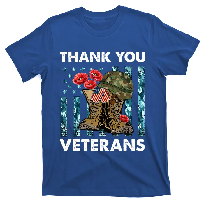 Thank You Veterans Military Boot Memorial Day Flower Funny Gift T-Shirt