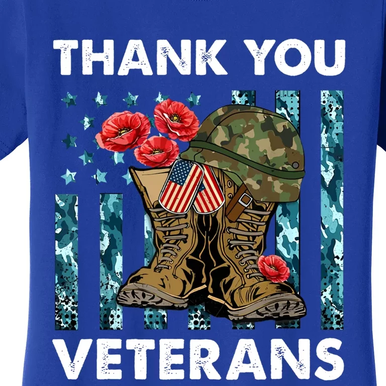 Thank You Veterans Military Boot Memorial Day Flower Funny Gift Women's T-Shirt