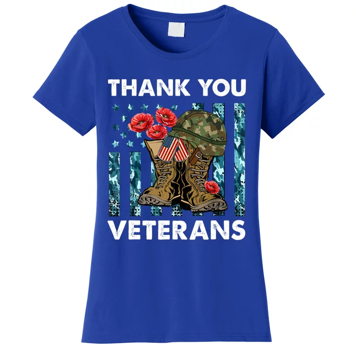 Thank You Veterans Military Boot Memorial Day Flower Funny Gift Women's T-Shirt