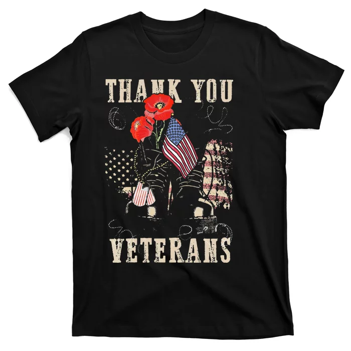 Thank You Veterans Combat Boots Poppy Veteran Day Memorial T-Shirt