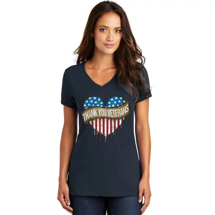 Thank You Veterans Day American Flag Heart Military Army Women's V-Neck T-Shirt