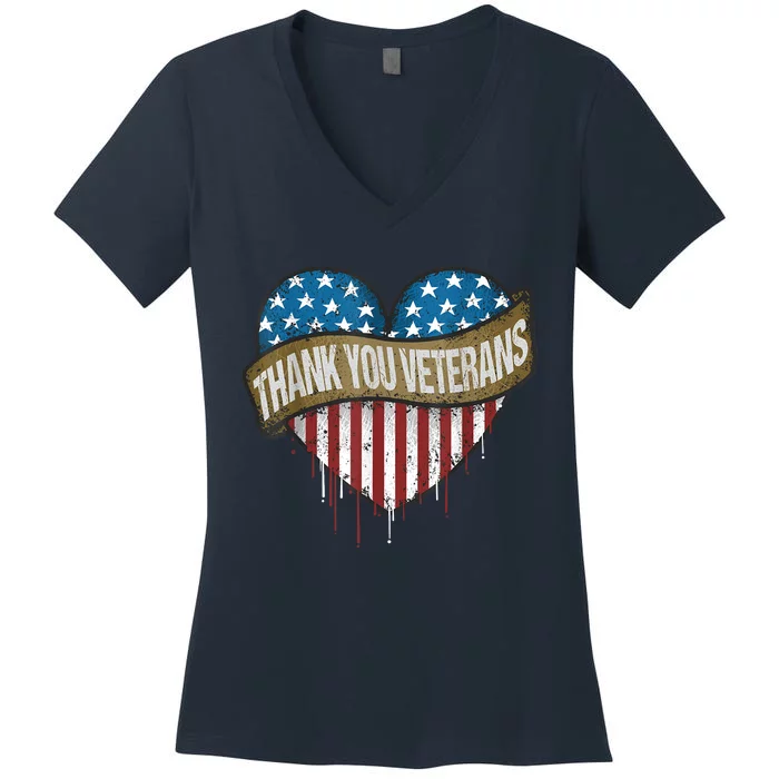 Thank You Veterans Day American Flag Heart Military Army Women's V-Neck T-Shirt