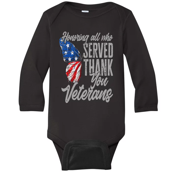 Thank You Veterans Day Honoring All Who Served Butterfly Baby Long Sleeve Bodysuit