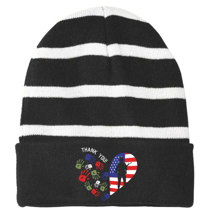 Thank You Veterans Day American Flag Heart Military Army Striped Beanie with Solid Band