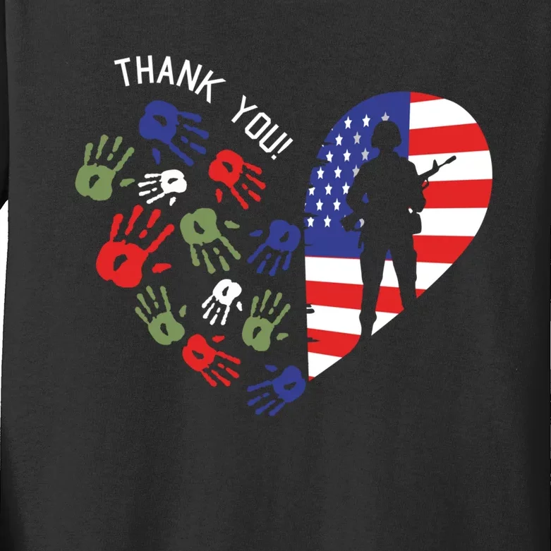 Thank You Veterans Day American Flag Heart Military Army Kids Long Sleeve Shirt