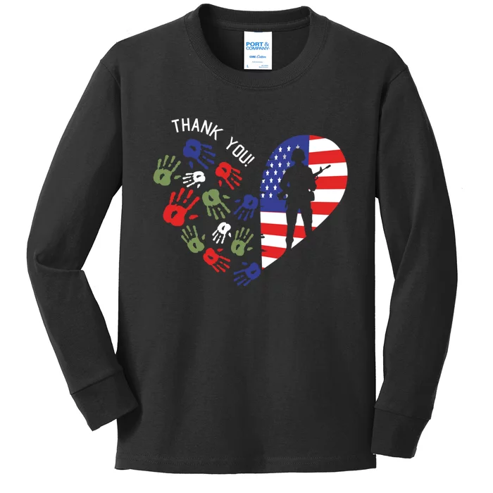 Thank You Veterans Day American Flag Heart Military Army Kids Long Sleeve Shirt