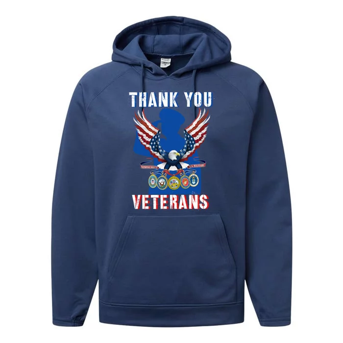 Thank You Veterans Combat Veteran Day American Flag Gift Performance Fleece Hoodie