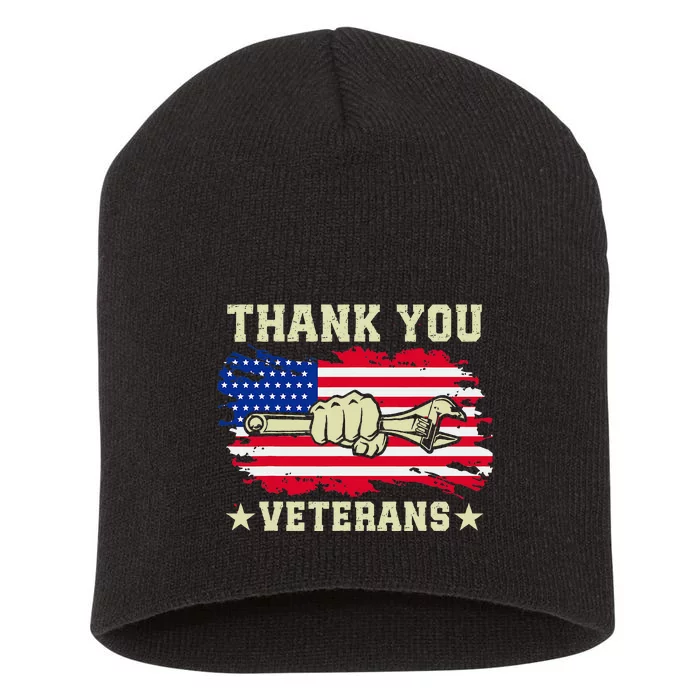 Thank You Veterans Day Patriotic Mechanic American Flag Short Acrylic Beanie