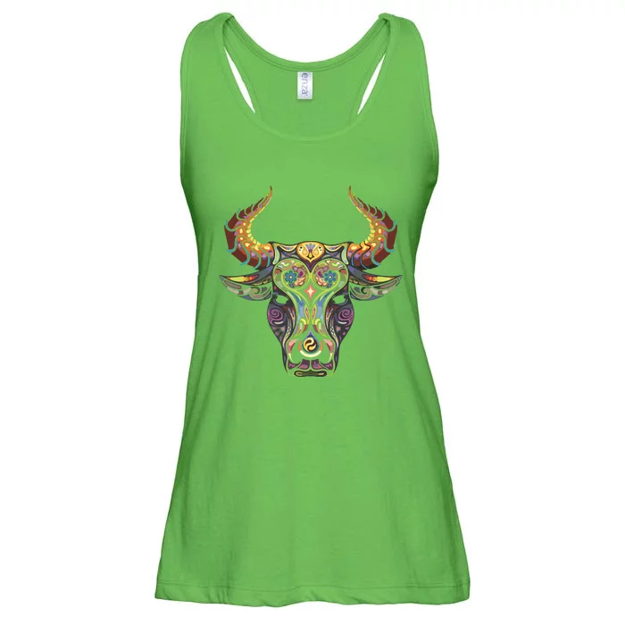 Taurus Zodiac Birthday Cow Bull Floral Farmer Tee Ladies Essential Flowy Tank