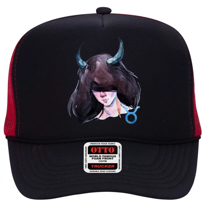 Taurus Zodiac Sign Watercolor Illustration High Crown Mesh Trucker Hat