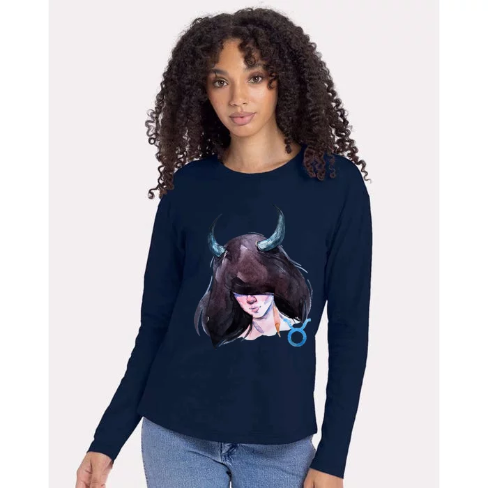 Taurus Zodiac Sign Watercolor Illustration Womens Cotton Relaxed Long Sleeve T-Shirt