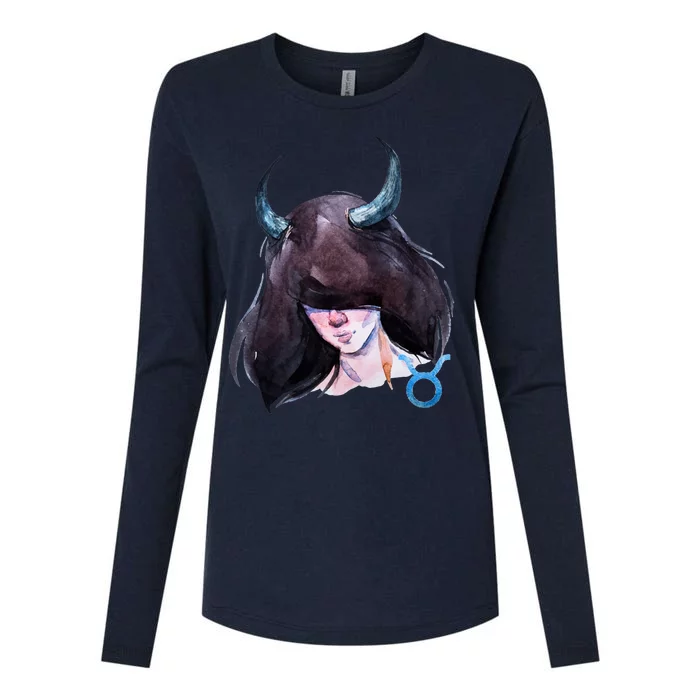 Taurus Zodiac Sign Watercolor Illustration Womens Cotton Relaxed Long Sleeve T-Shirt