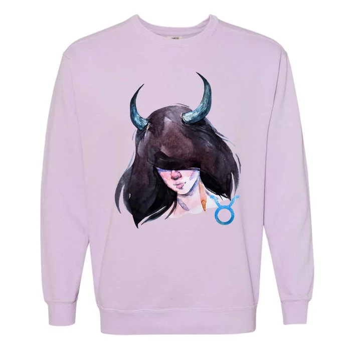 Taurus Zodiac Sign Watercolor Illustration Garment-Dyed Sweatshirt