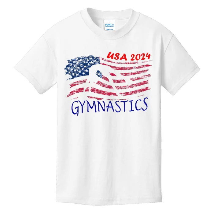 Usa 2024 Gymnastics American Flag Support Team Kids T-Shirt