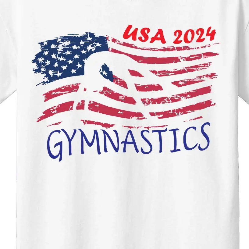 Usa 2024 Gymnastics American Flag Support Team Kids T-Shirt