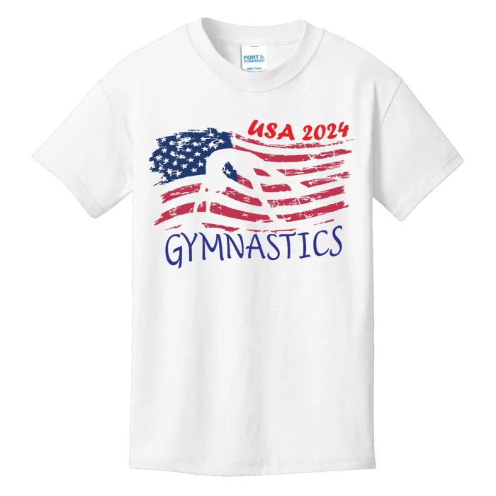 Usa 2024 Gymnastics American Flag Support Team Kids T-Shirt