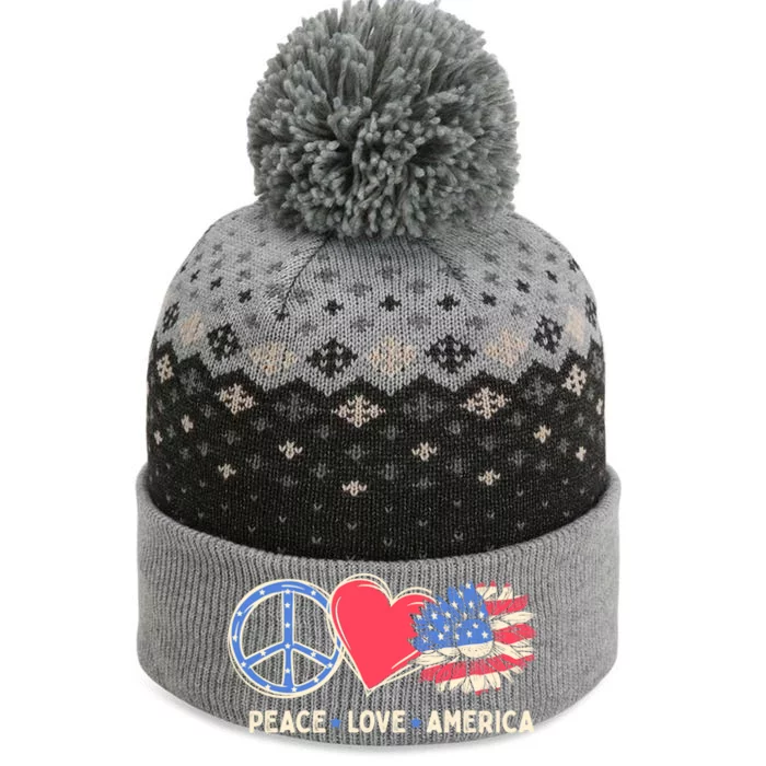 Usa 4th Of July Peace Love Sunflower America Patriotism Gift The Baniff Cuffed Pom Beanie