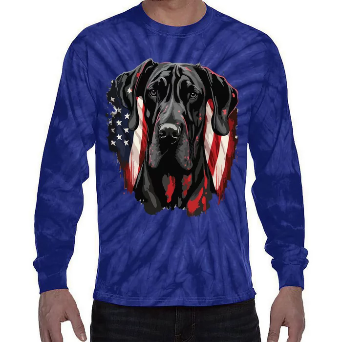 USA 4th Of July Great Dane On Patriotic American Great Dane Tie-Dye Long Sleeve Shirt