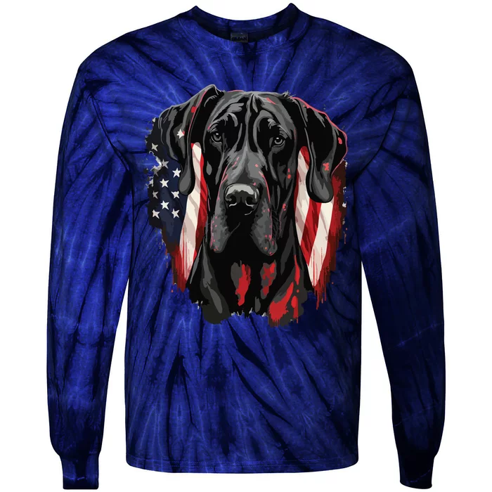 USA 4th Of July Great Dane On Patriotic American Great Dane Tie-Dye Long Sleeve Shirt