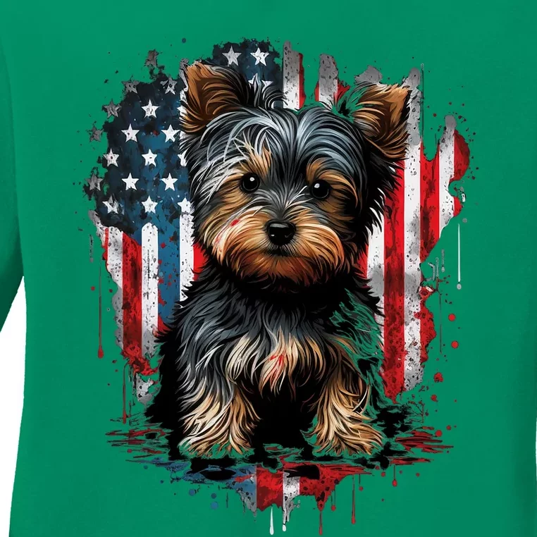 Usa 4th Of July Patriotic American Yorkshire Terrier Ladies Long Sleeve Shirt