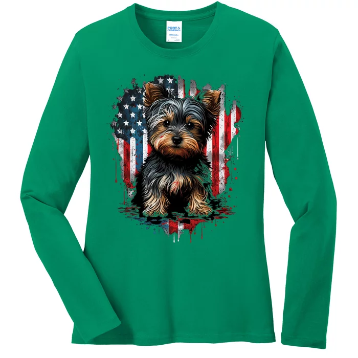 Usa 4th Of July Patriotic American Yorkshire Terrier Ladies Long Sleeve Shirt