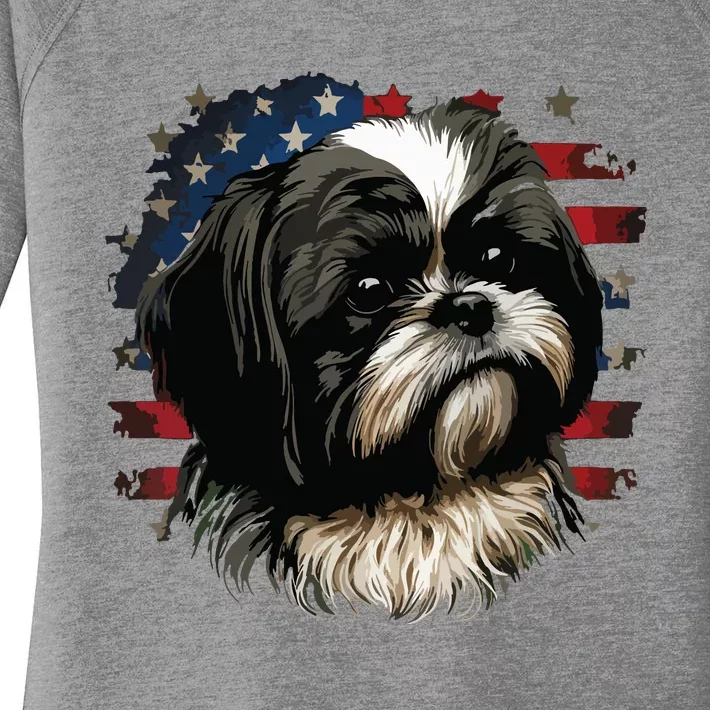 USA 4th Of July Shih Tzu On Patriotic American Shih Tzu Women's Perfect Tri Tunic Long Sleeve Shirt