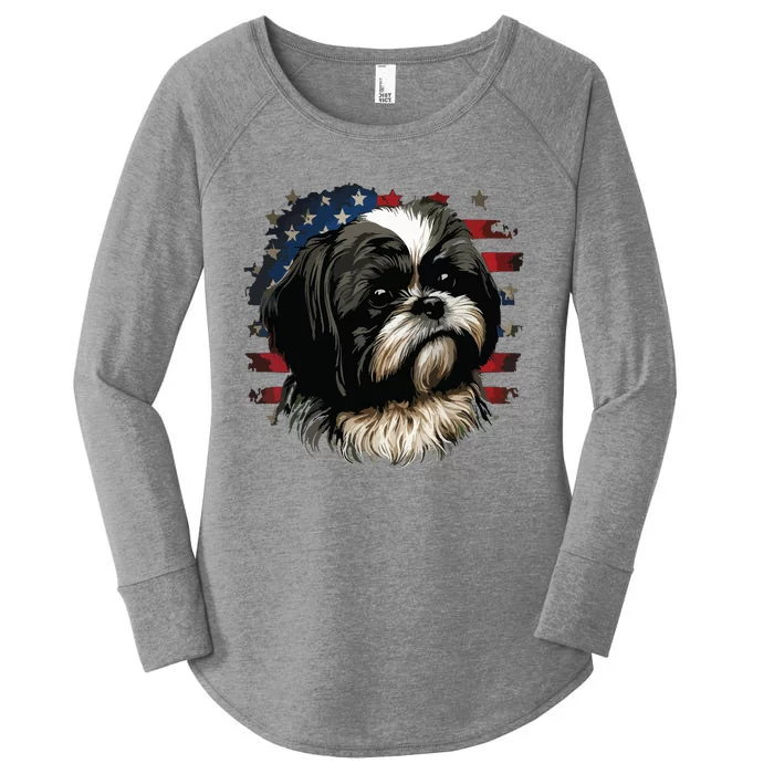 USA 4th Of July Shih Tzu On Patriotic American Shih Tzu Women's Perfect Tri Tunic Long Sleeve Shirt