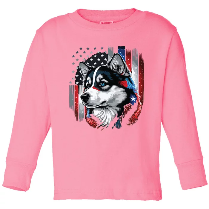 USA 4th Of July Husky On Patriotic American Siberian Husky Toddler Long Sleeve Shirt