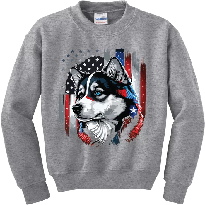 USA 4th Of July Husky On Patriotic American Siberian Husky Kids Sweatshirt