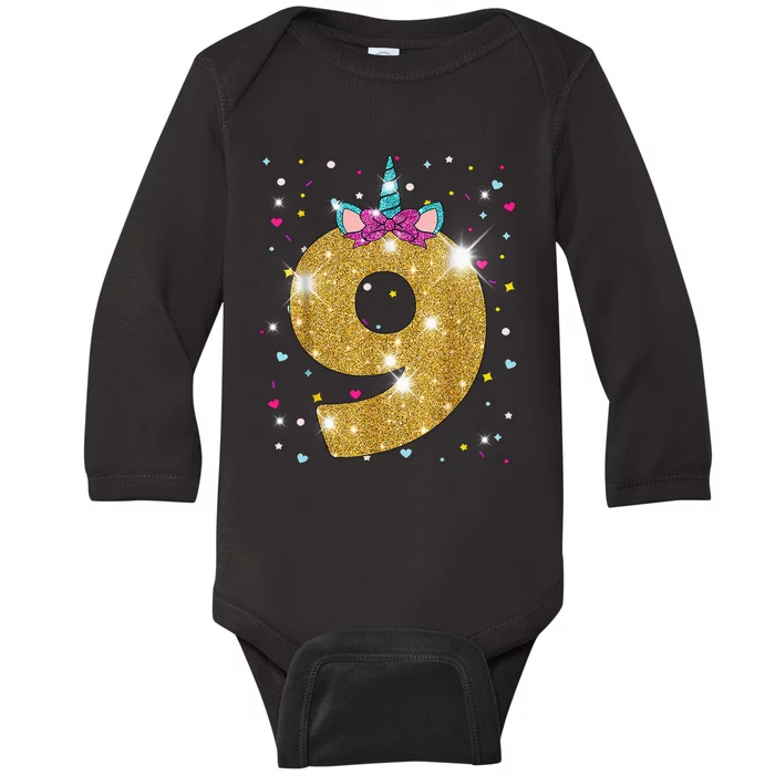 Unicorn 9th Birthday Girl Nine 9 Years Old Baby Long Sleeve Bodysuit