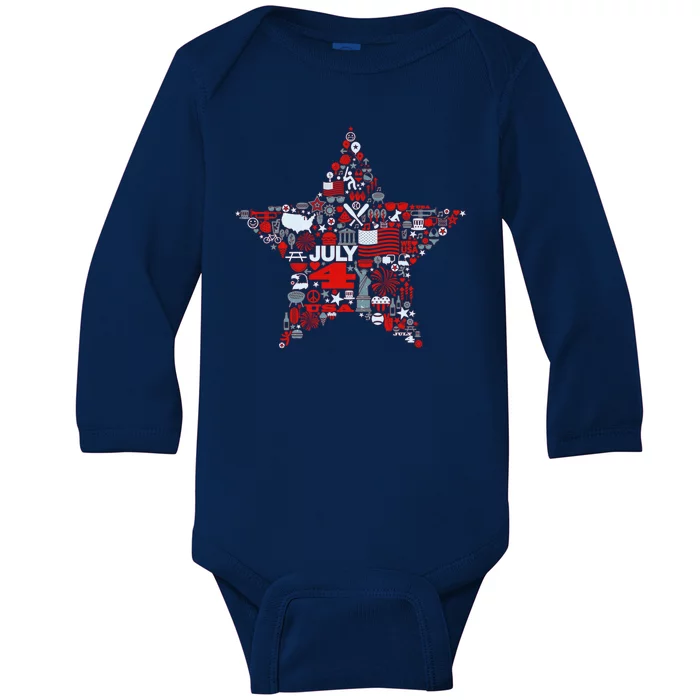 USA American 4th Of July Pattern Star Baby Long Sleeve Bodysuit