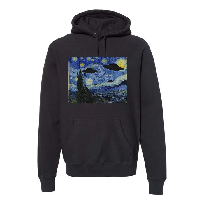 Ufo Alien Abduction Starry Night Van Gogh Painting Premium Hoodie