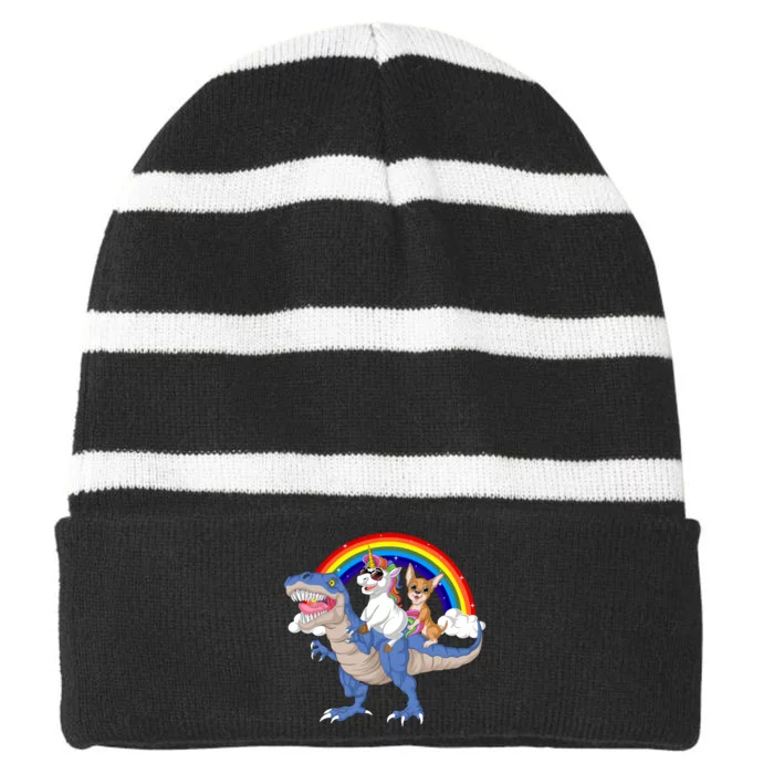 Unicorn And Chihuahua Riding Dinosaur Striped Beanie with Solid Band