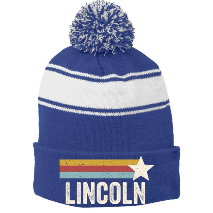 Us American City 70s Star Usa Vintage Retro Lincoln Meaningful Gift Stripe Pom Pom Beanie