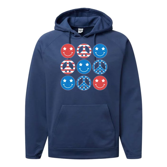 USA American Flag Peace Symbols Smiley Emoji Performance Fleece Hoodie