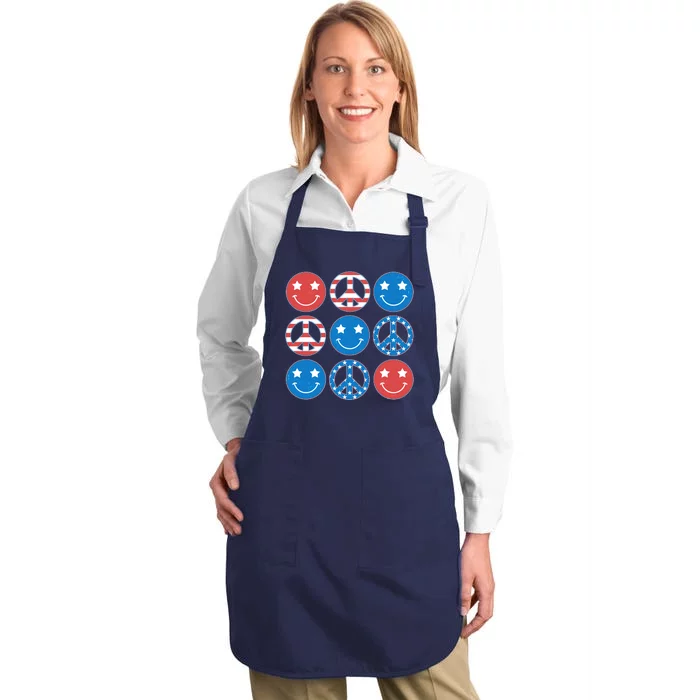 USA American Flag Peace Symbols Smiley Emoji Full-Length Apron With Pocket