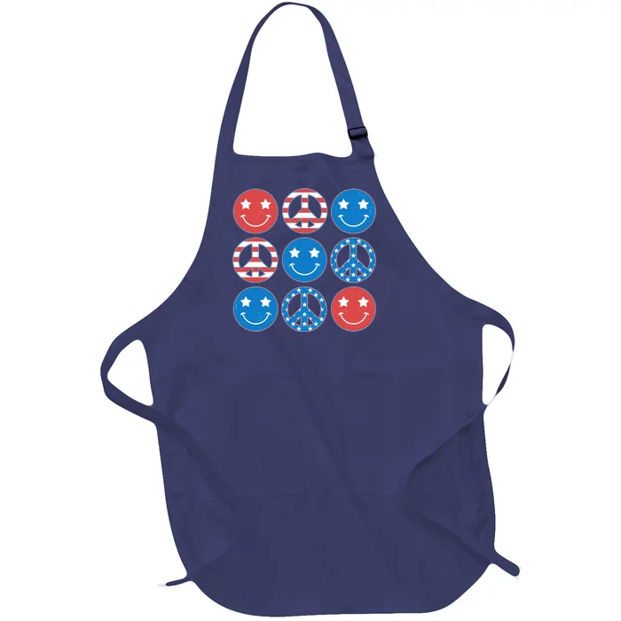 USA American Flag Peace Symbols Smiley Emoji Full-Length Apron With Pocket