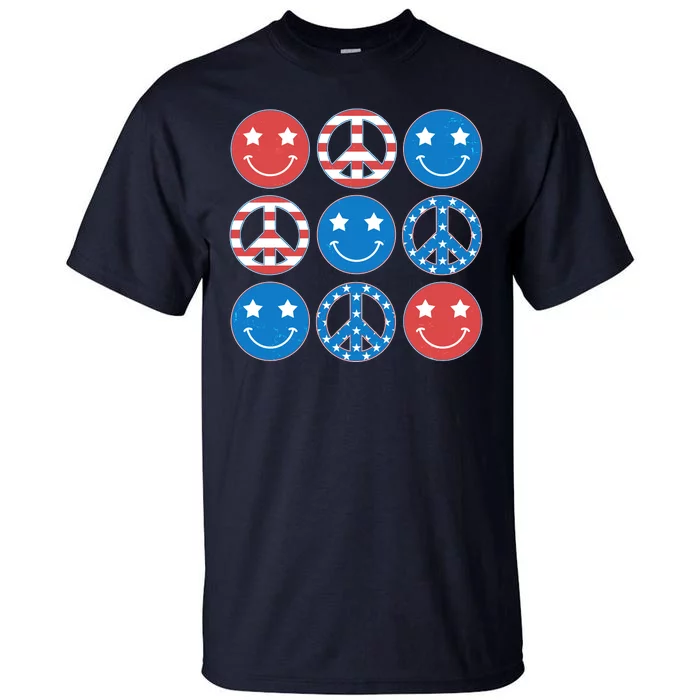 USA American Flag Peace Symbols Smiley Emoji Tall T-Shirt