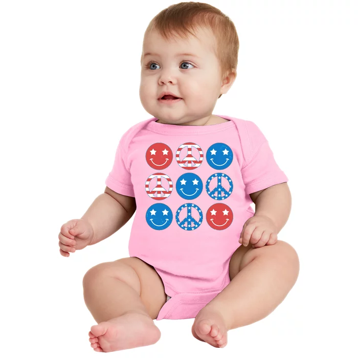 USA American Flag Peace Symbols Smiley Emoji Baby Bodysuit