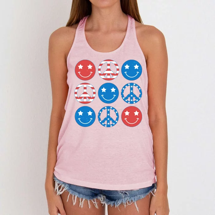 USA American Flag Peace Symbols Smiley Emoji Women's Knotted Racerback Tank