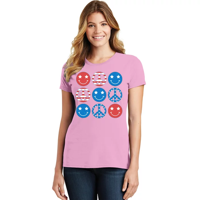 USA American Flag Peace Symbols Smiley Emoji Women's T-Shirt