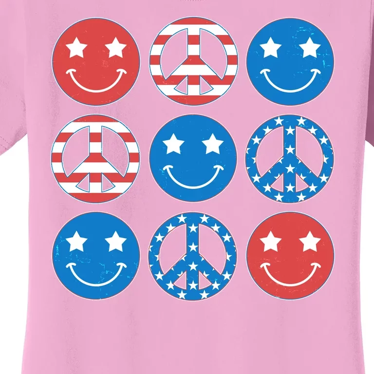 USA American Flag Peace Symbols Smiley Emoji Women's T-Shirt