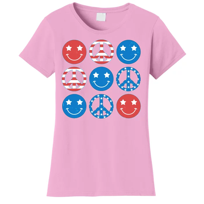 USA American Flag Peace Symbols Smiley Emoji Women's T-Shirt